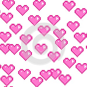 Seamless vector pixel pink hearts pattern. Love pixel art 10 eps. Valentine's day background